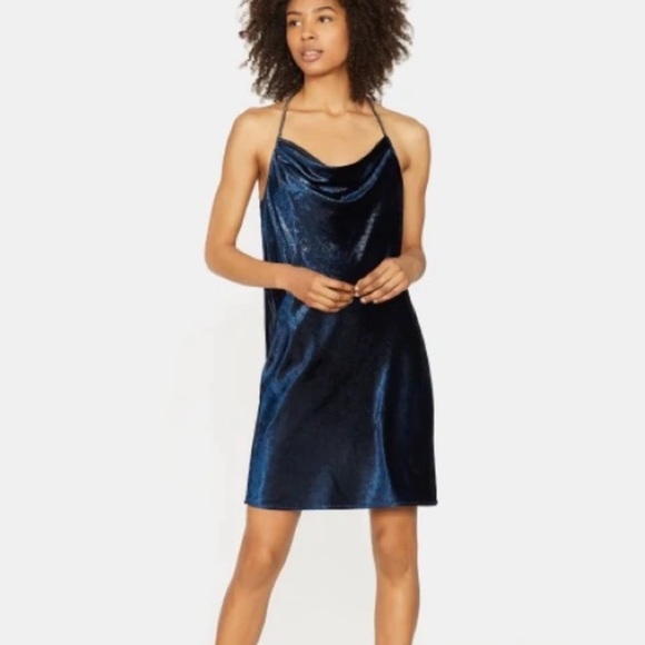 Halston Heritage Blue Velvet Metallic Shimmer Cowl Neck Strappy Back Dress 4 - Picture 1 of 16